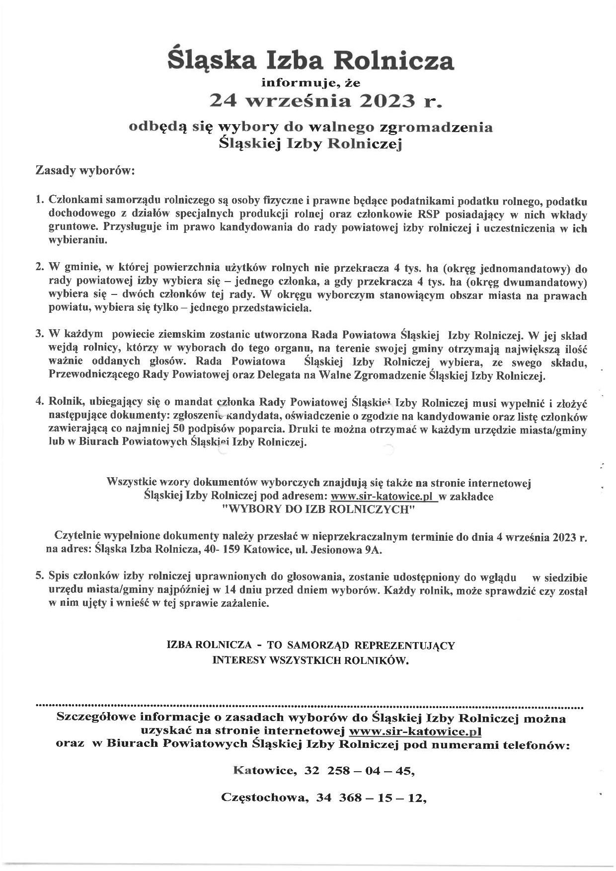 Plakat dot. wyborów do walnego zgromadzenia Śląskiej Izby Rolniczej, szczegółowe informacje na www.sir-katowice.pl