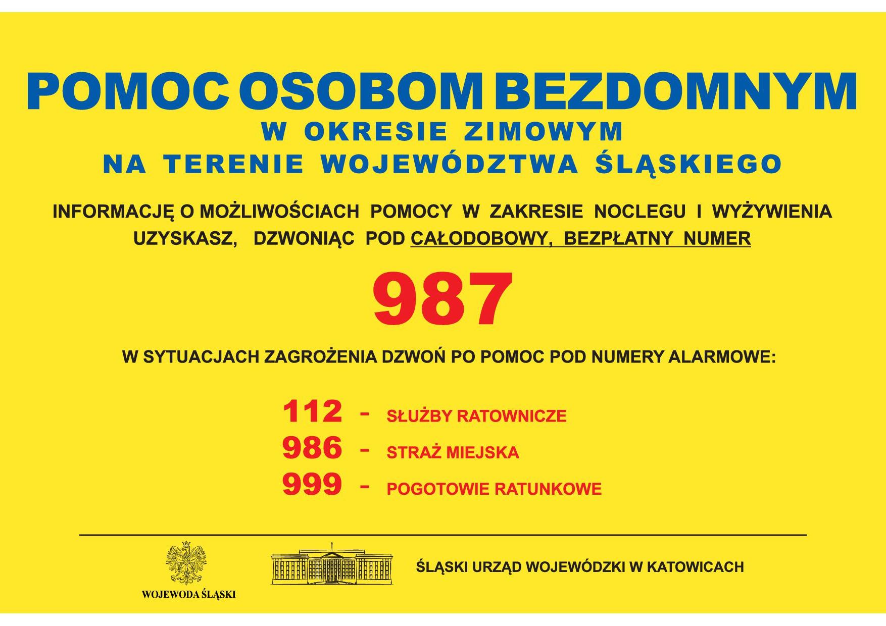 Pomoc osobom bezdomnym w okresie zimowym na terenie województwa śląskiego - numer infolinii 987