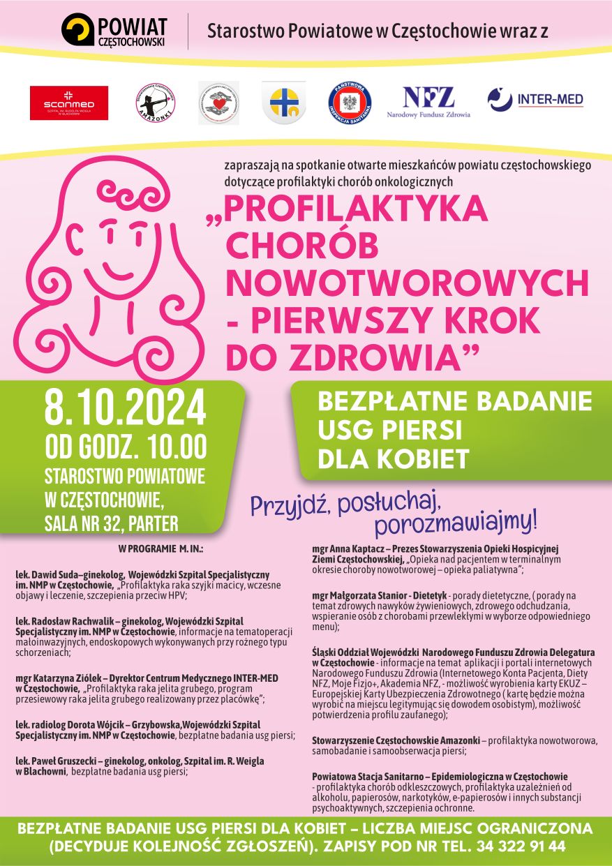 Spotkanie „Profilaktyka chorób nowotworowych – pierwszy krok do zdrowia” , Starostwo Powiatowe w Częstochowie dn. 8.10.24 godz. 10:00