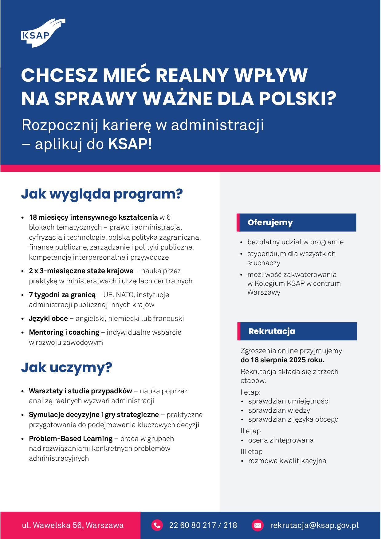 Ulotka rekrutacyjna do Krajowej Szkoły Administracji Publicznej. Więcej informacji tel. 22 60 80 217