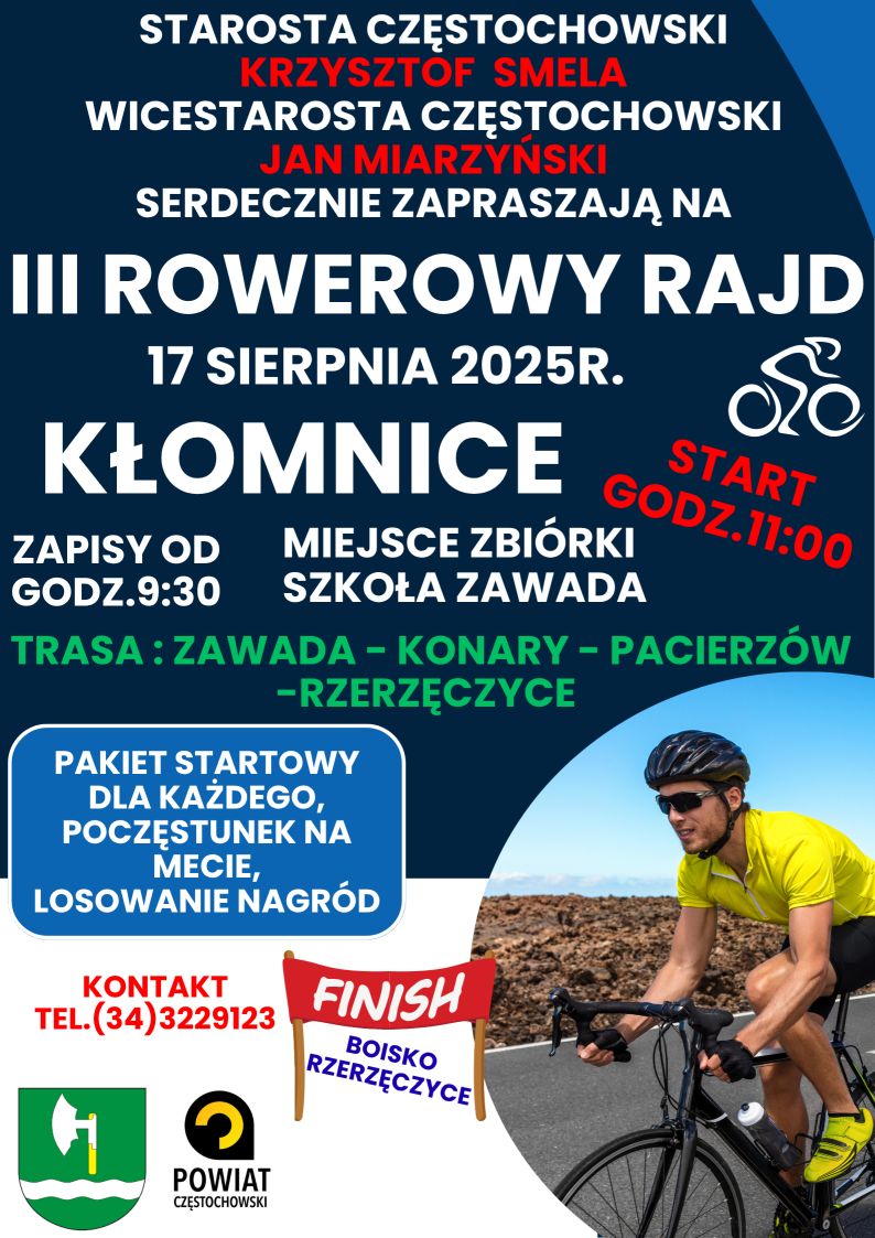 II Rowerowy Rajd start 17.08.2025 g. 11:00 Szkoła Zawada. Więcej informacji  34 322 91 23