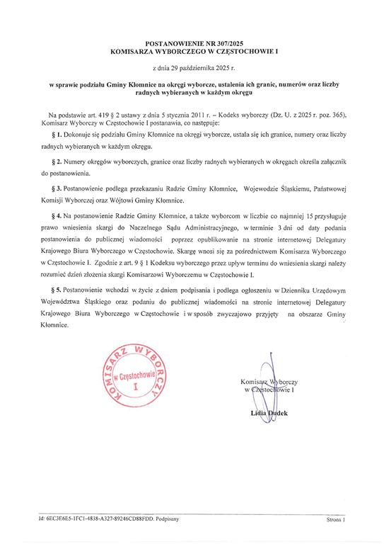 Postanowienie Nr 3072025 Komisarza Wyborczego w Częstochowie I z dnia 29.10.2025r. Copy