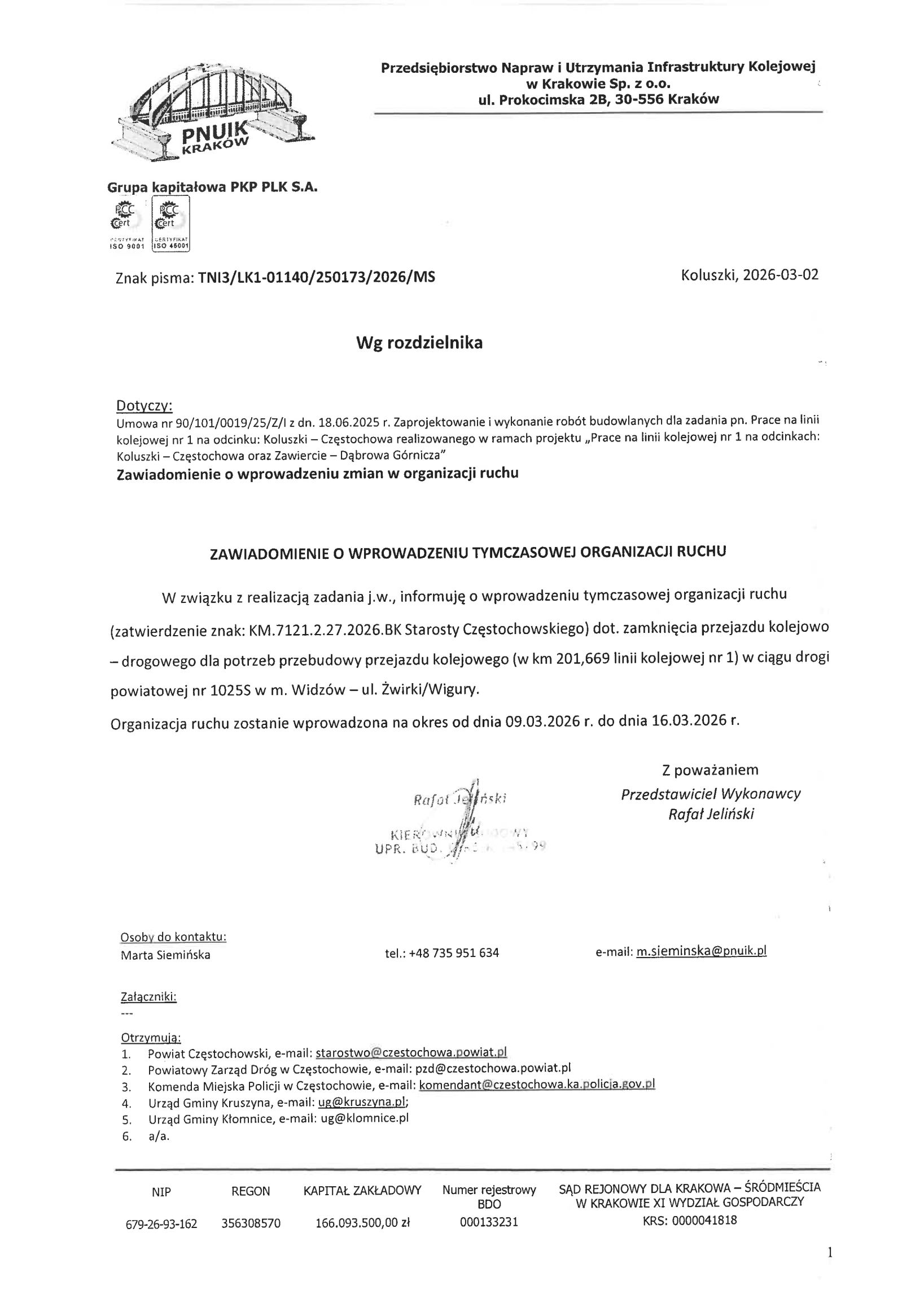 Zamknięcie przejazdu drogowo-kolejowego w miejscowości Widzów ul. Żwirki i Wigury, Gmina Kruszyna, od 09.03 do 16.03.2026