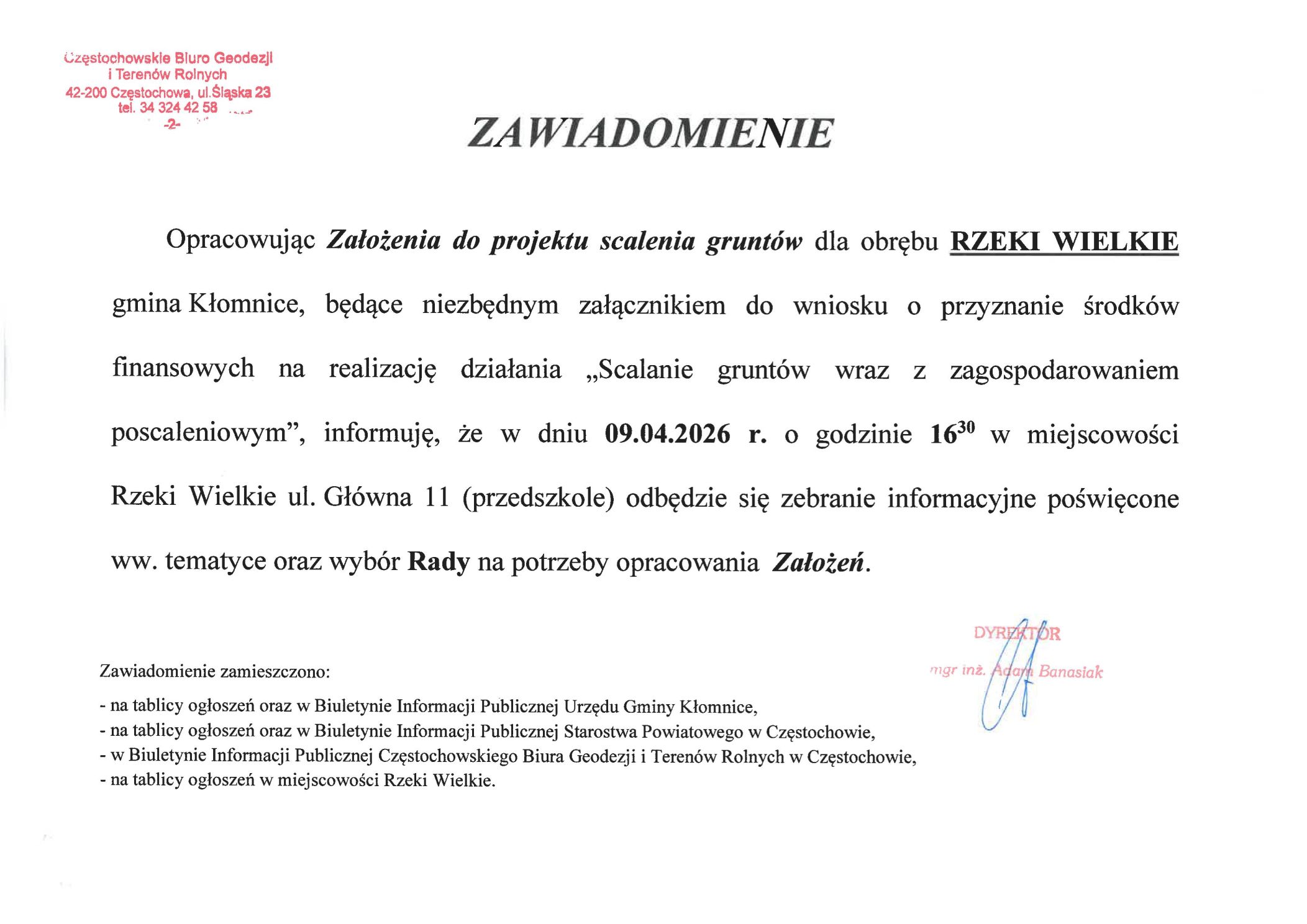 Zebranie informacyjne  dot. scaleń Rzeki Wielkie ul. Głowna 11 dn. 9.04.2026 godz. 16:30