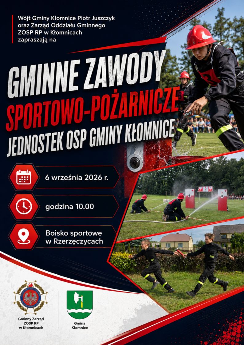Gminne zawody sportowo-pożarnicze start dn. 6.09.2026 godz. 10:00 miejsce: Boisko sportowe w Rzerzęczycach