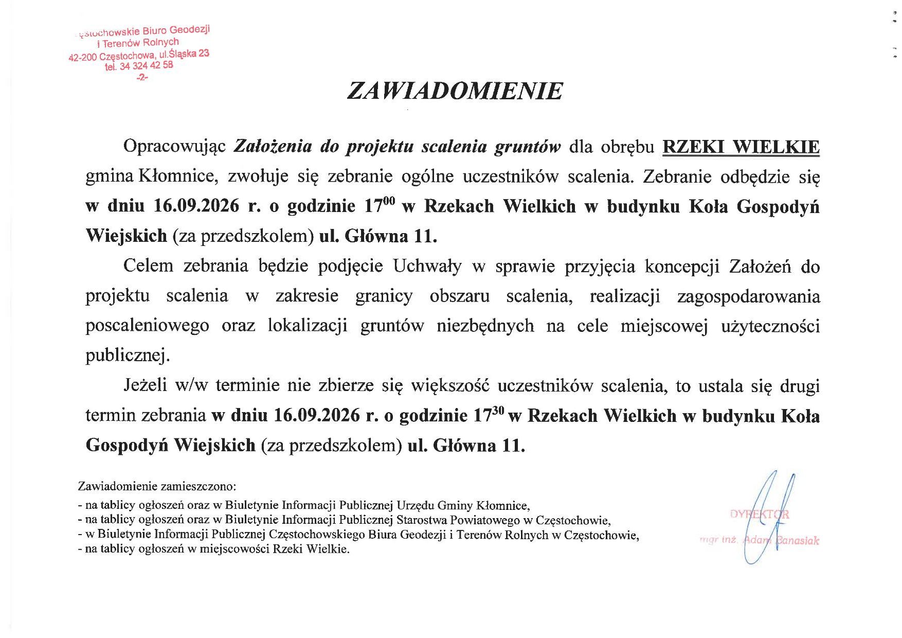 Zebranie dot. projektu scalenia gruntów obręb Rzeki Wielkie odbędzie się dn. 16.09.2026 godz. 17:00 w Rzekach Wielkich w budynku KGW ul. Głowna 11